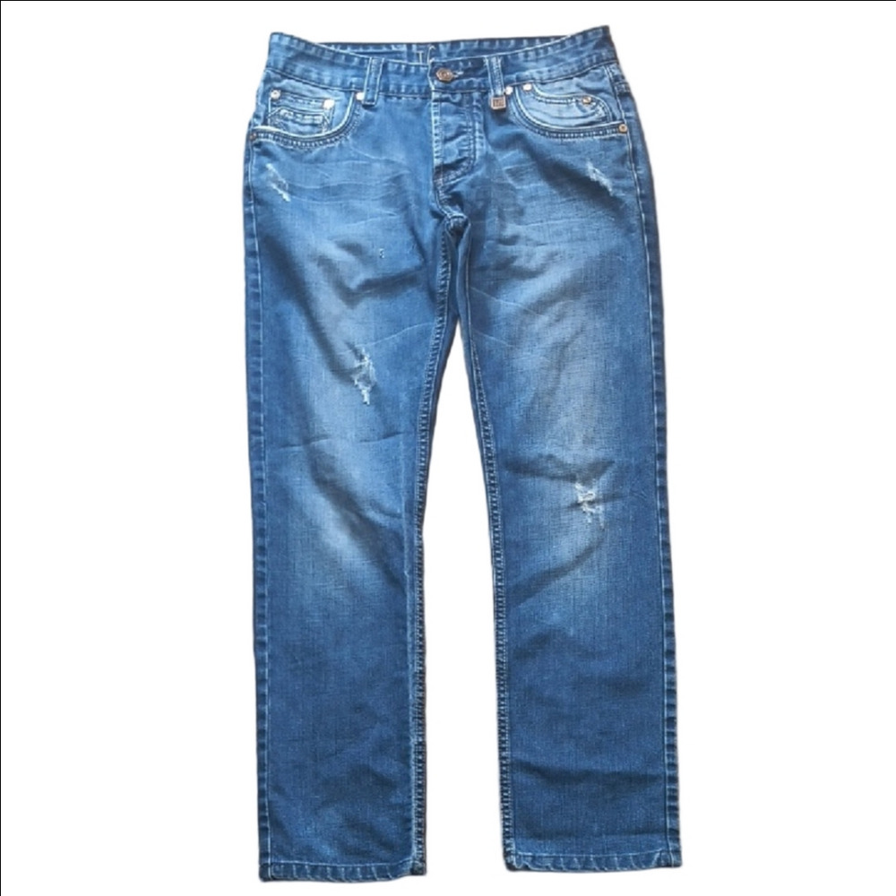 Isaac B Mens Distressed Blue Denim Jeans